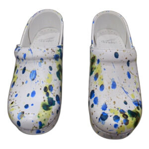 Dansko White Paint Splash Leather Clogs Shoes Women's Size 37 New Without Box